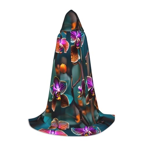 Blaugrün und orange Orchideen-Druck Kapuzenumhang – stilvoller und vielseitiger Umhang für alle Jahreszeiten, passend für Karneval, Kostümpartys Blaugrün und orange Orchideen-Druck Kapuzenumhang – stilvoller und vielseitiger Umhang für alle Jahreszeiten, passend für Karneval, Kostümpartys von YHBLYKXP
