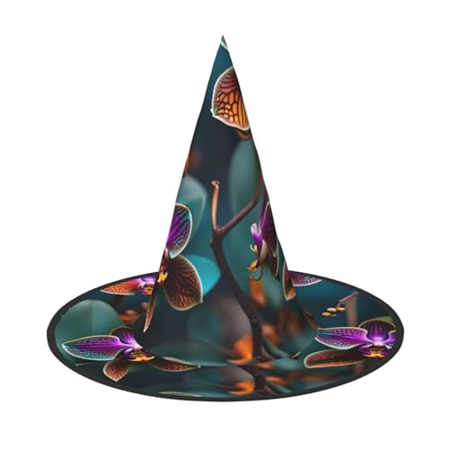 YHBLYKXP Blaugrüne und orangefarbene Orchidee, verstellbarer Halloween-Hexenhut mit faltbarer Krempe, für Kostümparty, Karneval, Maskenball von YHBLYKXP