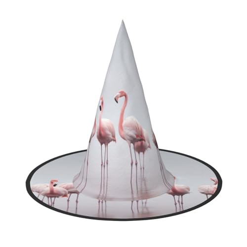 YHBLYKXP Flamingos auf weißem, verstellbarem Halloween-Hexenhut mit faltbarer Krempe, für Kostümparty, Karneval, Maskenball von YHBLYKXP