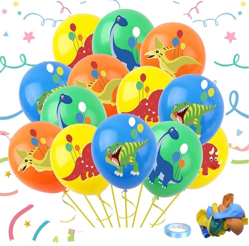 24 Stück 12 Zoll Latex Dino Ballon, Kinder Dino Geburtstag Deko, Orange, Gelb, Blau und Grün 4 Farben Dino Luftballons Geburtstag, Dino Ballons Geburtstag, entworfen für Dinosaurier Party von YHBXAMZ