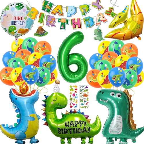 Dino Geburtstag Deko 6 Jahre, Dino Luftballon Deko Kindergeburtstag, Dino Ballon Geburtstagsdeko Jungen, Zahlen Luftballon 6, Dino Happy Birthday Girland, Geburtstagsdeko von YHBXAMZ