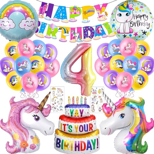 Einhorn Geburtstagsdeko 4 Jahre - Einhorn Deko Kindergeburtstag - Einhorn Luftballon - Zahlen Luftballon 4 - Einhorn Happy Birthday Girlande - 2PCS Einhorn Sticker - Party Deko - Luftballons von YHBXAMZ