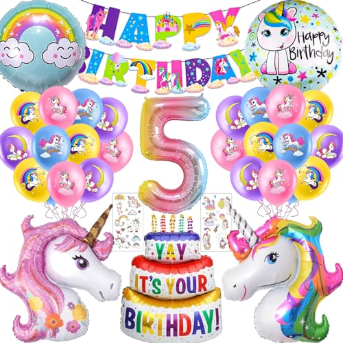 Einhorn Geburtstagsdeko 5 Jahre Mädchen, Folienballon Einhorn, Luftballons Geburtstag Mädchen, Einhorn Party Mädchen 5 Jahre, Tattoo Kinder & Einhorn Sticker, Einhorn Party Geburtstagsdeko von YHBXAMZ