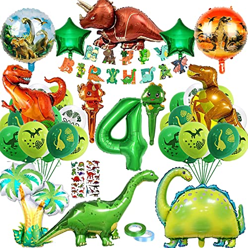 XXL Dino Geburtstag Deko, Dino Deko 4 Jahre Kindergeburtstag,Dino Folienballon Geburtstagsdeko Jungen,Luftballons Grün Dschungel Deko，Dino Party Happy Birthday Banner von YHBXAMZ