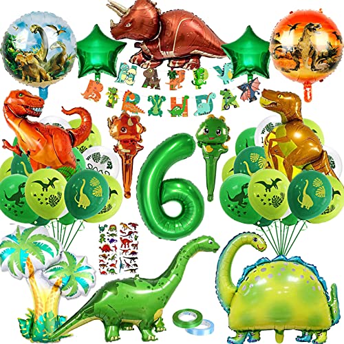XXL Dino Geburtstag Deko, Dino Deko 6 Jahre Kindergeburtstag,Dino Folienballon Geburtstagsdeko Jungen,Luftballons Grün Dschungel Deko，Dino Party Happy Birthday Banner von YHBXAMZ