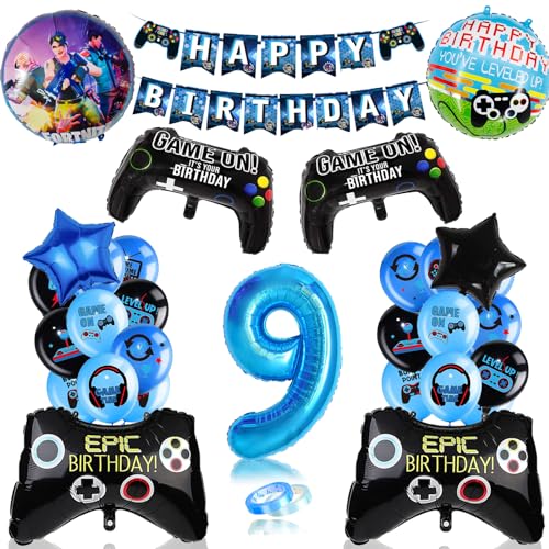 YHBXAMZ Geburtstagsdeko Jungen 9 Jahre, Geburtstagsdeko 9 jahre Junge, Gamer Deko Geburtstag, Gaming Controller Luftballons, Happy Birthday Girlande Banner Deko Junge, Spielthemen Ballon Dekoration von YHBXAMZ