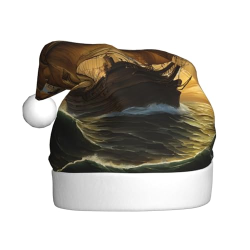 YHLKLWKSZC Fantasy Piratenschiff-Aufdruck, bedruckte Weihnachtsmütze, Weihnachtsmannmütze für Erwachsene, Unisex, Urlaubs-Weihnachtsmütze von YHLKLWKSZC