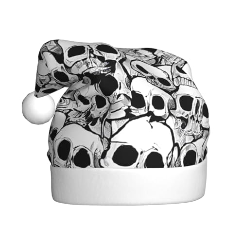 YHLKLWKSZC Schwarz-weiße Totenkopf-bedruckte Weihnachtsmütze, Weihnachtsmannmütze für Erwachsene, Unisex, Urlaubs-Weihnachtsmütze von YHLKLWKSZC