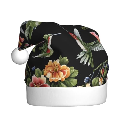 YHLKLWKSZC Weihnachtsmütze mit Blumen-Kolibri-Stickerei, bedruckt, Weihnachtsmütze für Erwachsene, Unisex, Urlaubs-Weihnachtsmütze von YHLKLWKSZC