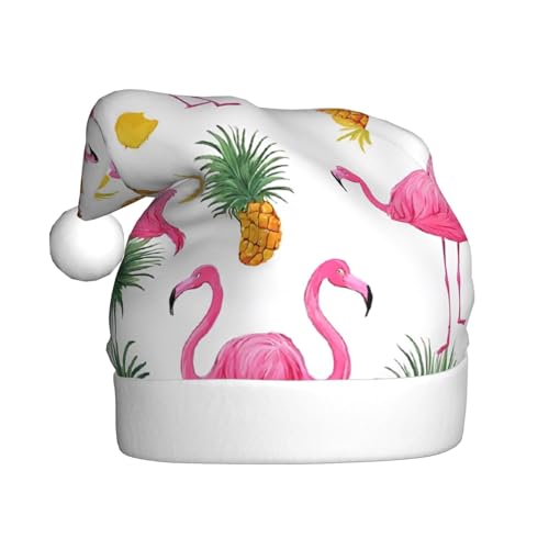 YHLKLWKSZC Weihnachtsmütze mit Flamingo- und Ananas-Motiv, bedruckt, Weihnachtsmannmütze für Erwachsene, Unisex, Urlaubsmütze von YHLKLWKSZC
