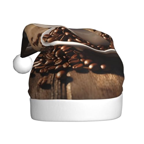 YHLKLWKSZC Weihnachtsmütze mit Kaffeetasse und Kaffeebohnen, bedruckt, Weihnachtsmannmütze für Erwachsene, Unisex, Urlaubskappe von YHLKLWKSZC