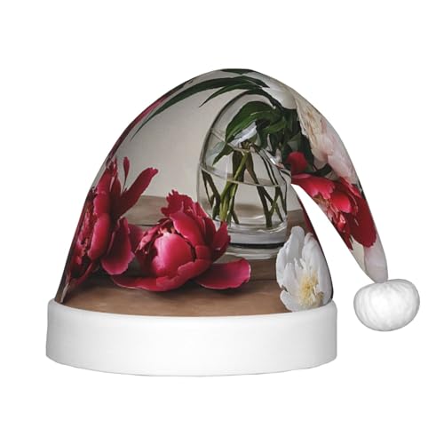 YHLKLWKSZC Weihnachtsmütze mit Pfingstrosen, Blumen, bedruckt, Weihnachtsmannmütze, Weihnachtsmannmütze, weich und bequem, 1 Stück von YHLKLWKSZC