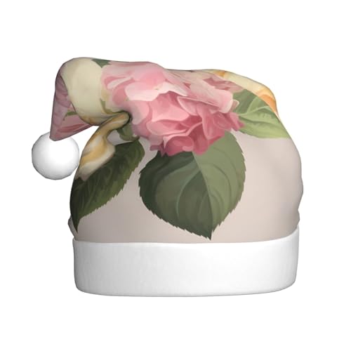 YHLKLWKSZC Weihnachtsmütze mit Rosen-Hortensien-Motiv, bedruckt, Weihnachtsmannmütze für Erwachsene, Unisex, Urlaub von YHLKLWKSZC