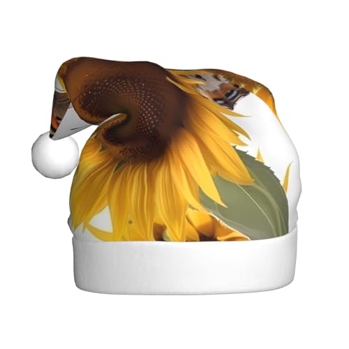 YHLKLWKSZC Weihnachtsmütze mit Schmetterlingen und Sonnenblumen, bedruckt, Weihnachtsmannmütze für Erwachsene, Unisex, Urlaubsmütze von YHLKLWKSZC