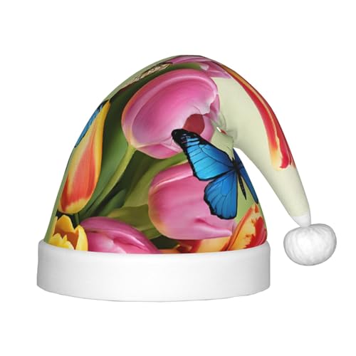 YHLKLWKSZC Weihnachtsmütze mit blauem Schmetterling und Blumendruck, Weihnachtsmannmütze, weich und bequem, 1 Stück von YHLKLWKSZC