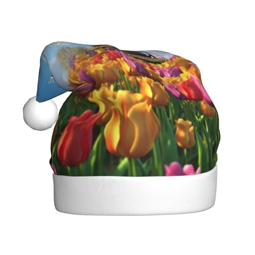 YHLKLWKSZC Weihnachtsmütze mit buntem Frühlingsdruck, Weihnachtsmannmütze für Erwachsene, Unisex, Urlaubsmütze von YHLKLWKSZC