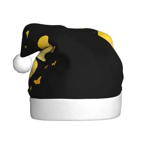 YHLKLWKSZC Weihnachtsmütze mit goldfarbenen weißen Schmetterlingen, schwarz bedruckt, Weihnachtsmannmütze für Erwachsene, Unisex, Urlaub von YHLKLWKSZC
