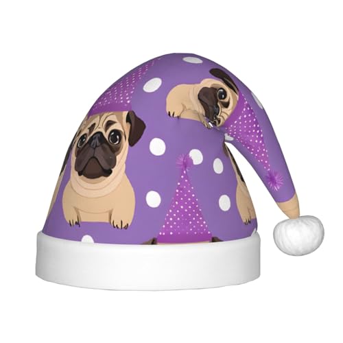 YHLKLWKSZC Weihnachtsmütze mit lustigem Cartoon-Mops-Motiv, bedruckt, Weihnachtsmannmütze, weich und bequem, 1 Stück von YHLKLWKSZC