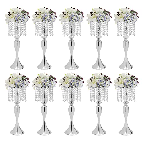 10 Stück 21,3 Zoll elegante Blumenhalter aus Metall mit Kristallperlen for Hochzeits- und Party-Mittelstücke(Silver) von YHNNH