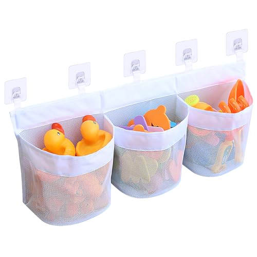 Badespielzeug-Organizer-Netz, großer hängender Aufbewahrungshalter mit 3 Fächern, 60 cm, schnell trocknend, ordentliche Netztasche für Badezimmer-Spielzeug, mit 5 starken, selbstklebenden Haken von YHSKJCD