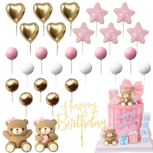 YHUIKXIN 28 Stück Rosa Kuchen Deko Teddybär Kuchen Tortendeko Baby Dusche Kuchen Dekoration DIY Happy Birthday Tortendeko Rosa Bär Geburtstag Mädchen Junge für Hochzeitstag Geburtstag Babyparty von YHUIKXIN