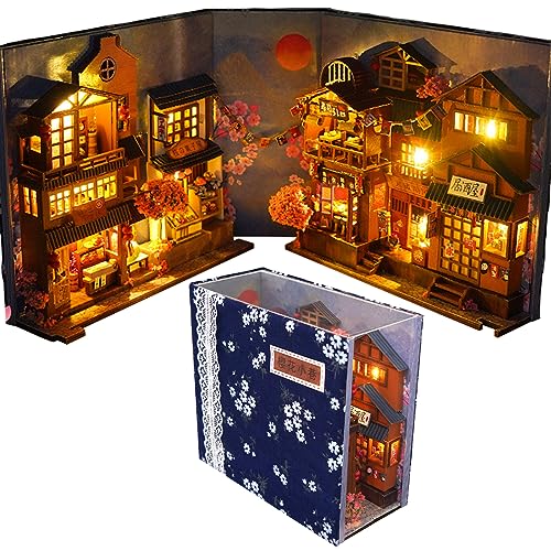 Book Nook DIY Kit, 3D Holzpuzzle Bücherecke Bücherregaleinsatz Kits, Puppenhäuser Modellbausätze Miniatur Haus Kit, mit LED-Licht, Kreatives Geschenk (Cherry Blossom Alley) von YHYYU