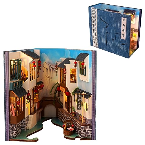 Book Nook DIY Kit, 3D Holzpuzzle Bücherecke Bücherregaleinsatz Kits, Puppenhäuser Modellbausätze Miniatur Haus Kit, mit LED-Licht, Kreatives Geschenk (Jiangnan Water Lane) von YHYYU