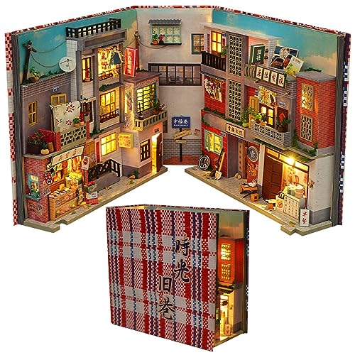 Book Nook DIY Kit, 3D Holzpuzzle Bücherecke Bücherregaleinsatz Kits, Puppenhäuser Modellbausätze Miniatur Haus Kit, mit LED-Licht, Kreatives Geschenk (Time Old Alley) von YHYYU