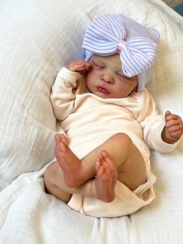 YHdolls 19 Zoll 48 cm Reborn Babypuppen Reborn Babys Handgemachte Lebensechte Schlafen Neugeborenes Baby Weiches Tuch Körper Gestreifter Schleifenhut, Cremefarbenes Outfit von YHdolls