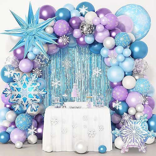 162 Stück Frozen Luftballon Garland Arch Kit Frozen Geburtstagsdeko Mädchen Lila Blau Luftallons Schneeflocke Foilen Ballon für Geburtstag Mädchen Party Deko Winter Wonderland Weihnachten Babyparty von YHmall