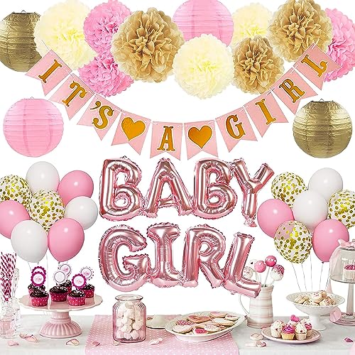 Gender Reveal Baby Shower Babyparty Dekoration Luftballon Mädchen Rosa Weiß Luftballons mit Its a Girl Banner Baby Girl Folienballon für Babydusche Gender Reveal Party Deko von YHmall