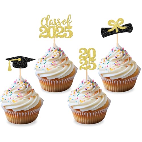 Cupcake-Topper zum Schulabschluss 2025, Gold-Schwarz, Glitzer, Klasse 2025, Diplom, Kuchendekoration, 12 Stück Cupcake-Topper zum Schulabschluss 2025, Gold-Schwarz, Glitzer, Klasse 2025, Diplom, Kuchendekoration, 12 Stück von YIAJIA