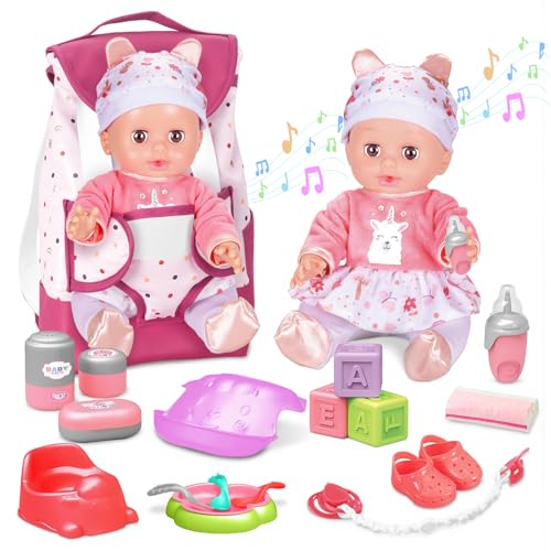 Puppen Zubehör Spielzeug Geschenk für Mädchen: Babypuppe Fütterung und Pflege Set mit 14 Zoll Babypuppe mit Rucksack Puppenkleidung Töpfchen - Geschenk für Mädchen im Alter von 3 4 5 6 Jahren (Pink) von YIBEBE