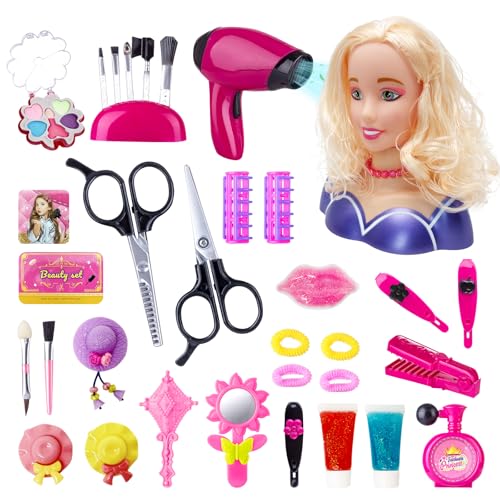 Schminkpuppe Frisierkopf Kinder Friseur Set: Schminkkopf für Mädchen mit Puppenkopf und Friseur Zubehör Set - Kinderschminke Spielzeug Geschenk für Mädchen ab 3 4 5 6 7 8 Jahre (Set-8) von YIBEBE