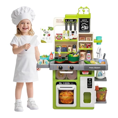 Spielküche für Kinder: Wasserspüle Herd mit Dampf Licht und Ton - Rollenspiel mit Miniaturkoch - Geschenk für Jungen Mädchen und Kleinkinder (Green) von YIBEBE