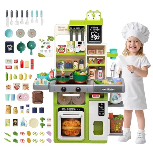 Spielküche für Kinder: Wasserspüle Herd mit Dampf Licht und Ton - Rollenspiel mit Miniaturkoch - Geschenk für Jungen Mädchen und Kleinkinder (Green) von YIBEBE