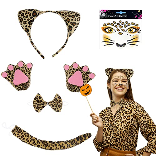 YICH Leoparden Kostüm Set 6-teilig Leoparden ohren Haarreif Schwanz Leopard Gesichts Kunst Aufkleber Handschuhe für Karneval Verkleiden Kostümparty Cosplay von YICH