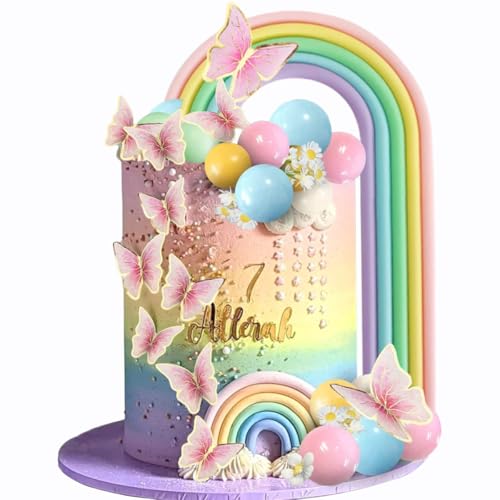 Regenbogen-Kuchenaufsatz, Kugeln, Kuchendekoration, Boho-Kuchenaufsatz mit Macaron-Kugeln, künstliche Blumen und Schmetterlinge, für Babyparty, Einhorn, Geburtstag, Motto-Party-Zubehör Regenbogen-Kuchenaufsatz, Kugeln, Kuchendekoration, Boho-Kuchenaufsatz mit Macaron-Kugeln, künstliche Blumen und Schmetterlinge, für Babyparty, Einhorn, Geburtstag, Motto-Party-Zubehör von YICRESITY