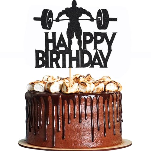 Tortenaufsatz mit Fitnessmotiv "Happy Birthday", für Gewichtheben, Geburtstagskuchendekorationen für Männer, Jungen, Sport-Mottoparty-Zubehör, schwarzer Glitzer, 1 Stück Tortenaufsatz mit Fitnessmotiv "Happy Birthday", für Gewichtheben, Geburtstagskuchendekorationen für Männer, Jungen, Sport-Mottoparty-Zubehör, schwarzer Glitzer, 1 Stück von YICRESITY