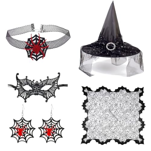 YIGZYCN Hexenhut, Augenmaske, Choker, Halskette, Ohrringe für Halloween, Maskerade, Cosplay, Hexenkostüm-Zubehör YIGZYCN Hexenhut, Augenmaske, Choker, Halskette, Ohrringe für Halloween, Maskerade, Cosplay, Hexenkostüm-Zubehör von YIGZYCN
