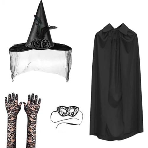 YIGZYCN Hexenhut für Damen, mit Hexenumhang, Spitze, Augenmaske, lange Handschuhe, Hexenkostüm YIGZYCN Hexenhut für Damen, mit Hexenumhang, Spitze, Augenmaske, lange Handschuhe, Hexenkostüm von YIGZYCN