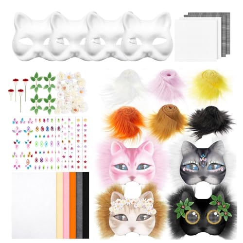 YIGZYCN Katzen-Gesichtsmaske, unlackiert, Masken-Set, mit Netzstoff, pelziger Rand, Aufkleber, Filztuch für Halloween, Cosplay, 4 Stück YIGZYCN Katzen-Gesichtsmaske, unlackiert, Masken-Set, mit Netzstoff, pelziger Rand, Aufkleber, Filztuch für Halloween, Cosplay, 4 Stück von YIGZYCN