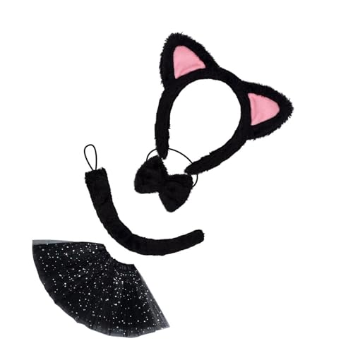 YIGZYCN Katzen Kostümzubehör Set Katzen Ohren Stirnbänder Schwanz Bowtie Tutus Gesichtsaufkleber Zubehör Kits Katzen Kostüme Kinder Kinder von YIGZYCN