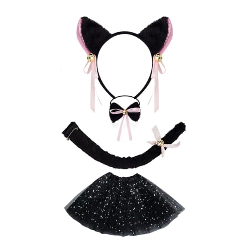 YIGZYCN Katzenkostüm-Set, Katzenohren, Stirnbänder, Schwanz, Schleifen, Tutu, Gesicht, Aufkleber, Tier-Cosplay-Kostüme für Halloween, Weihnachtsfeier von YIGZYCN
