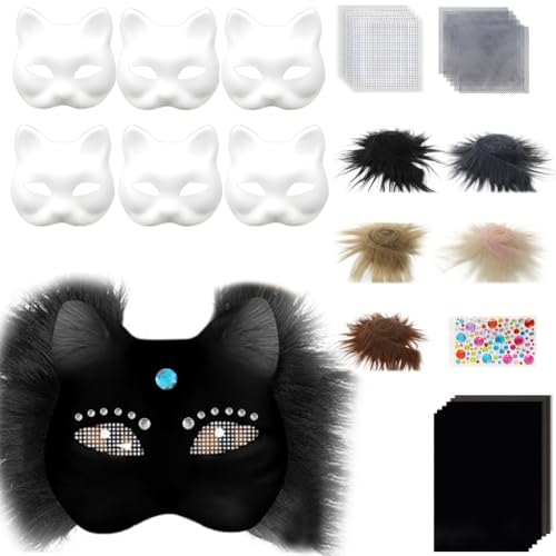 YIGZYCN Unlackierte Tier-Katzen-Maske mit Netz, pelziger Rand, unlackierte Papiermaske, 6 Stück von YIGZYCN