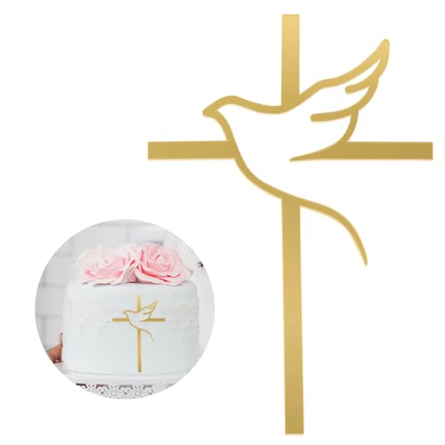 YILANJIN Taufe Tortendeko, Acryl Kuchendekorationen mit Kreuz und Taube für Verlobung, Kreuzkuchen-Dekoration für Verlobung, Schillernder Spiegeleffekt für Hochzeit, Geburtstag, Kommunion (Gold) von YILANJIN