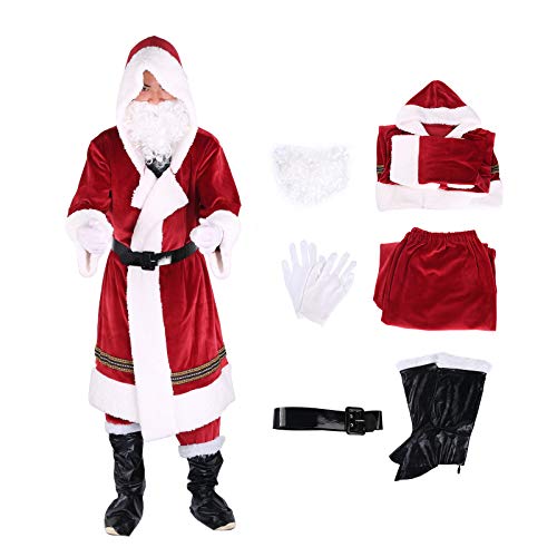 YILEEGOO 6pcs Christmas Xmas Santa Set Deluxe Velvet Adult Santa Suit Regal Plush Father Santa Claus Suit Fancy Dress Velvet Festive Cosplay Costume Suit (w2, S) von YILEEGOO