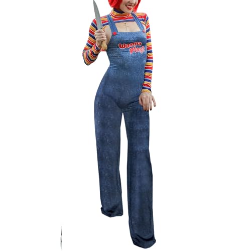 YILEEGOO Damen 2-teiliges Halloween-Kostüm-Set Gruseliger Albtraum Killer Puppe Wanna Play Movie Charakter Kleid Chucky Puppe Kostüm Set Outfit Anzug (W3 Blau, S) von YILEEGOO