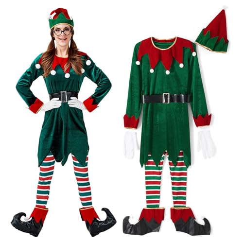 YILEEGOO Elfenkostüm für Erwachsene, Unisex, für Herren und Damen, Weihnachts-Kostüm, grüne Oberteile, rote Hose, Mützen, Gürtel, Socken, Elfenschuhe, Größe L von YILEEGOO