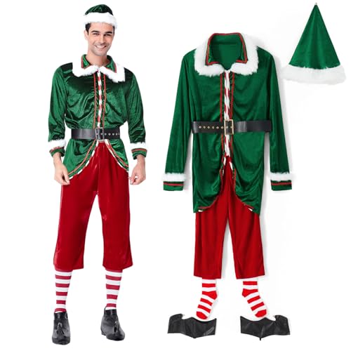 YILEEGOO Elfenkostüm für Erwachsene, Unisex, für Herren und Damen, Weihnachts-Kostüm, grüne Oberteile, rote Hose, Mützen, Gürtel, Socken, Elfenschuhe (grün, Herren, XL) von YILEEGOO